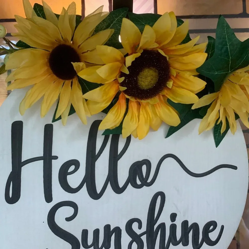 Hello Sunshine! Floral Door or Wall Decor - Wooden Circle with Sunflowers
